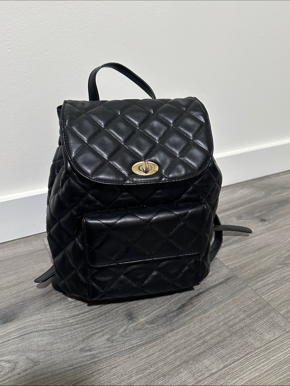 Forever 21 Black Quilted Backpack with Gold-Tone Turn Lock